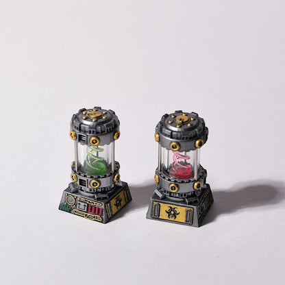 Clackycharm handgemaakte artisan keycaps in groen en rood met sci-fi capsule ontwerp voor mechanische toetsenborden