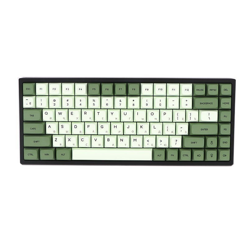 Clackycharm Matcha Mint XDA PBT keycap set op een mechanisch toetsenbord met limoengroene en witte toetsen