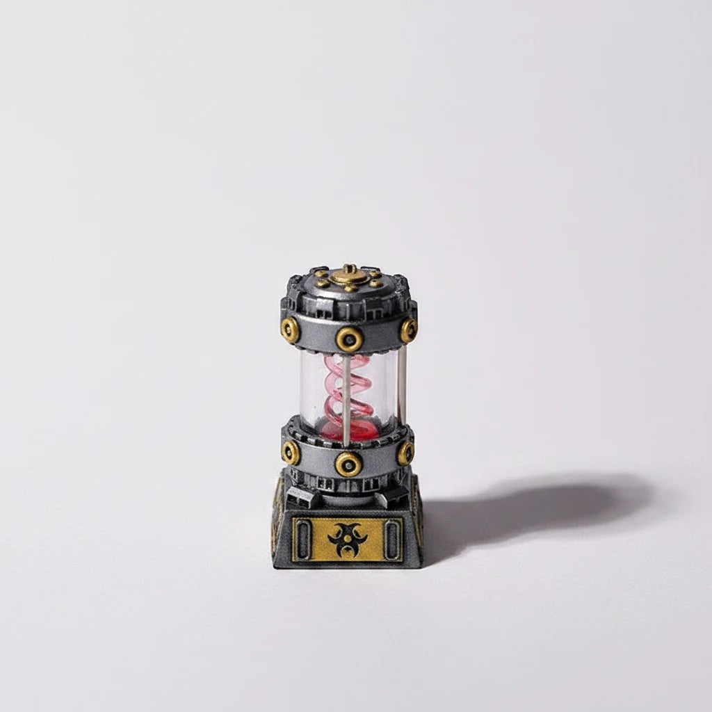 Clackycharm handgemaakte artisan keycap van hars met een rood doorschijnend spiraalontwerp in een industriële behuizing.