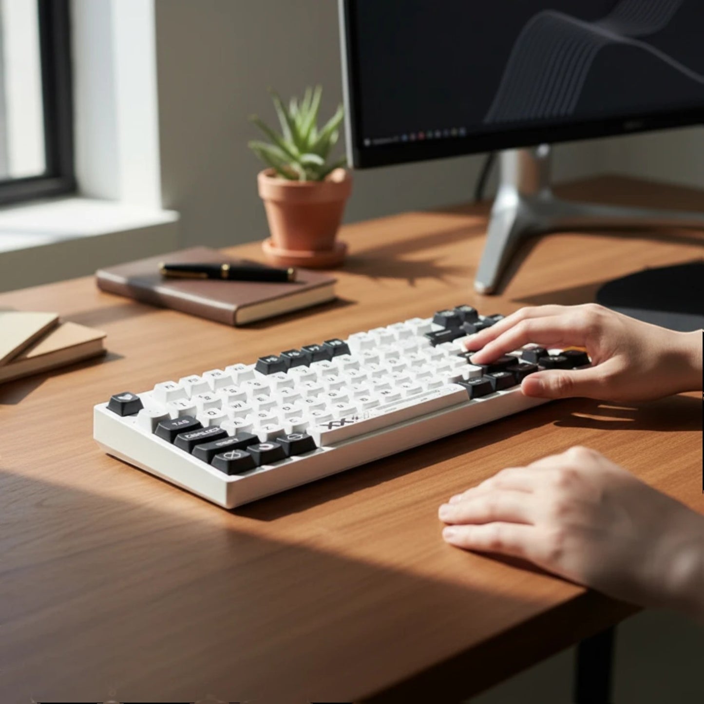 Clackycharm PBT keycap set in zwart en wit op een mechanisch toetsenbord op een houten bureau met een plantje